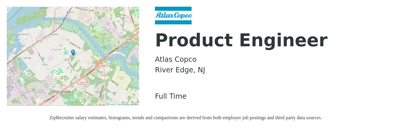 Atlas Copco job posting for a Product Engineer in River Edge, NJ with a salary of $88,900 to $207,100 Yearly with a map of River Edge location.