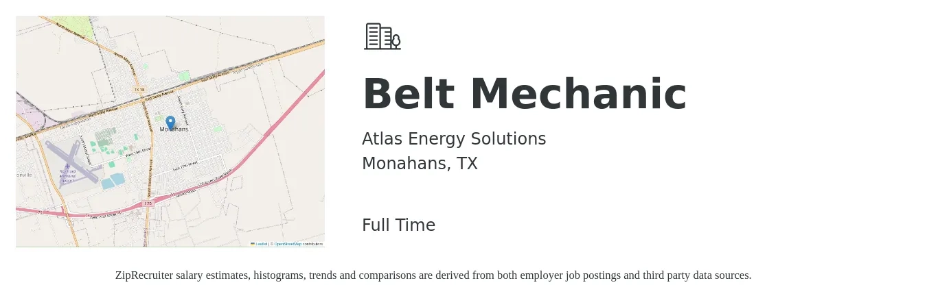 Atlas Energy Solutions job posting for a Belt Mechanic in Monahans, TX with a salary of $19 to $28 Hourly with a map of Monahans location.
