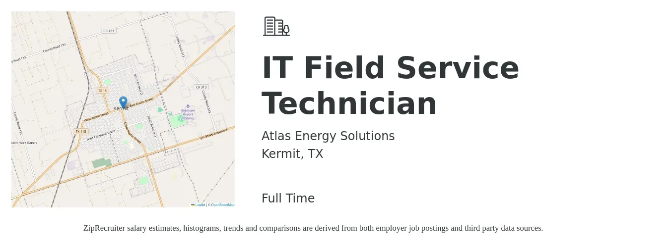 Atlas Energy Solutions job posting for a IT Field Service Technician in Kermit, TX with a salary of $20 to $28 Hourly with a map of Kermit location.