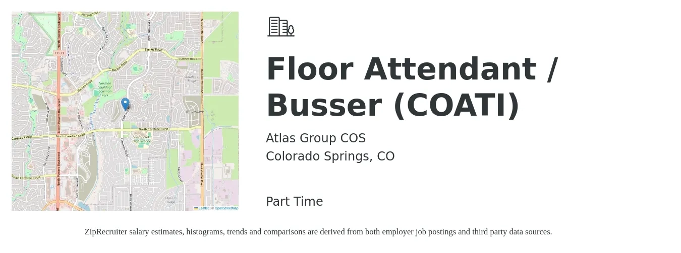 Atlas Group COS job posting for a Floor Attendant / Busser - COATI in Colorado Springs, CO with a salary of $15 to $17 Hourly with a map of Colorado Springs location.