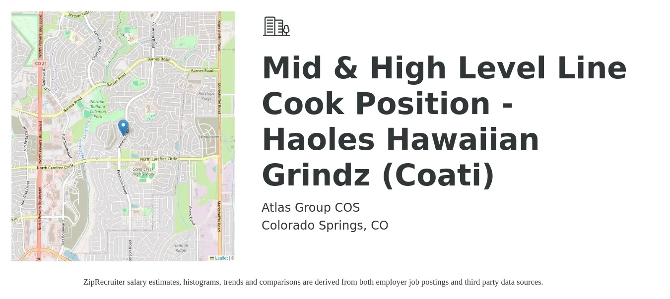 Atlas Group COS job posting for a Mid & High Level Line Cook Position - Haoles Hawaiian Grindz (Coati) in Colorado Springs, CO with a salary of $20 to $24 Hourly with a map of Colorado Springs location.