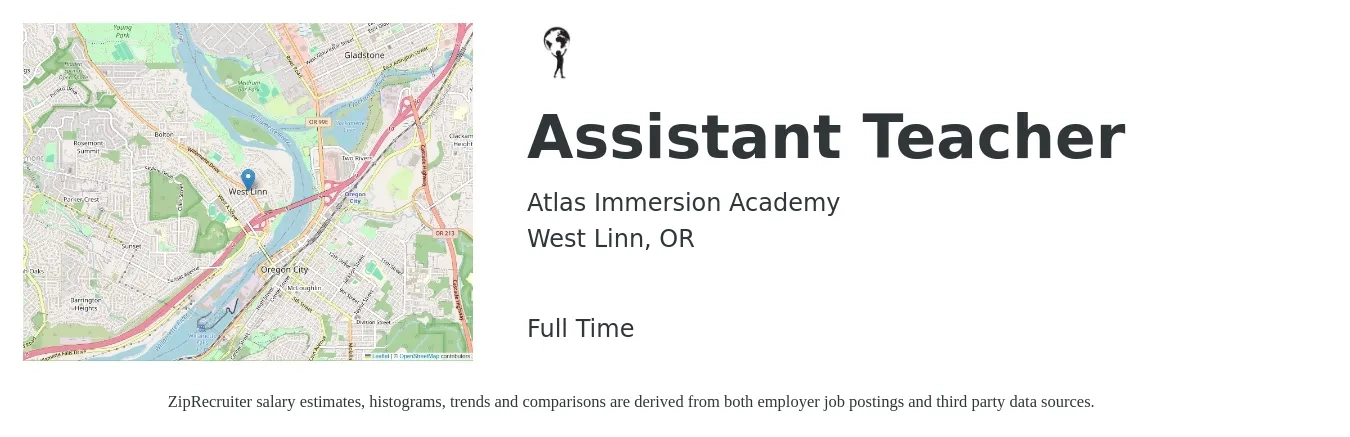 Atlas Immersion Academy job posting for a Assistant Teacher in West Linn, OR with a salary of $15 to $19 Hourly with a map of West Linn location.
