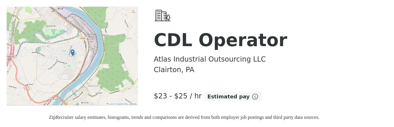 Atlas Industrial Outsourcing LLC job posting for a CDL Operator in Clairton, PA with a salary of $24 to $26 Hourly with a map of Clairton location.
