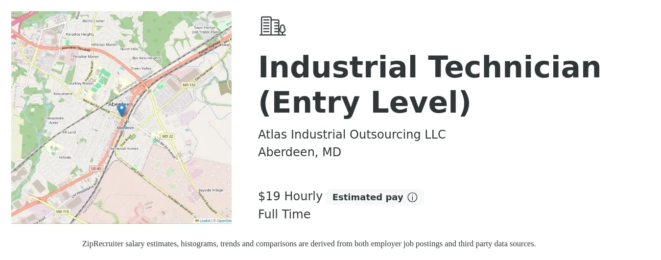 Atlas Industrial Outsourcing LLC job posting for a Industrial Technician (Entry Level) in Aberdeen, MD with a salary of $20 to $24 Hourly with a map of Aberdeen location.