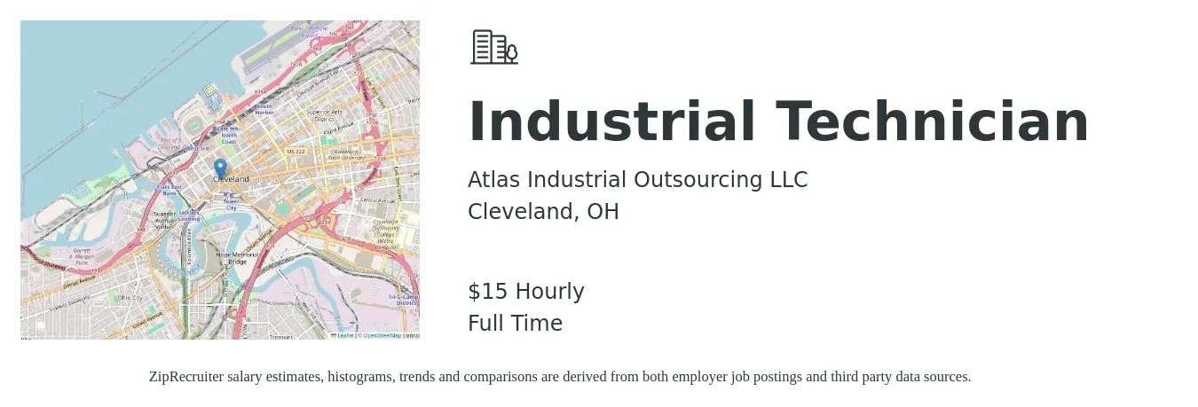 Atlas Industrial Outsourcing LLC job posting for a Industrial Technician in Cleveland, OH with a salary of $16 to $19 Hourly with a map of Cleveland location.