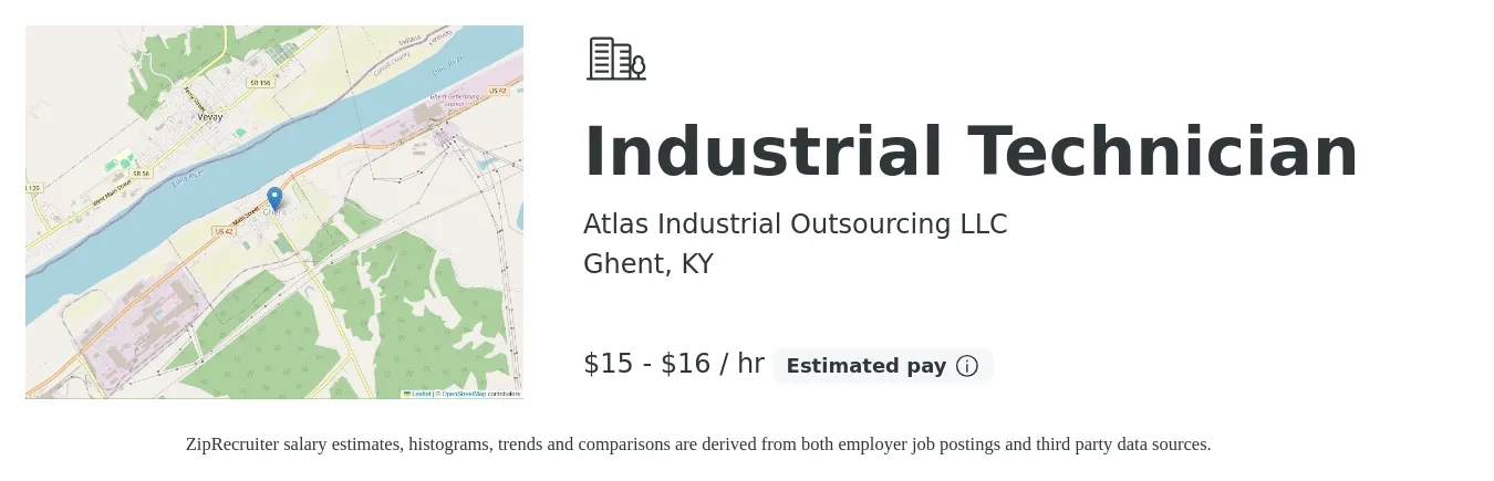 Atlas Industrial Outsourcing LLC job posting for a Industrial Technician in Ghent, KY with a salary of $16 to $17 Hourly with a map of Ghent location.