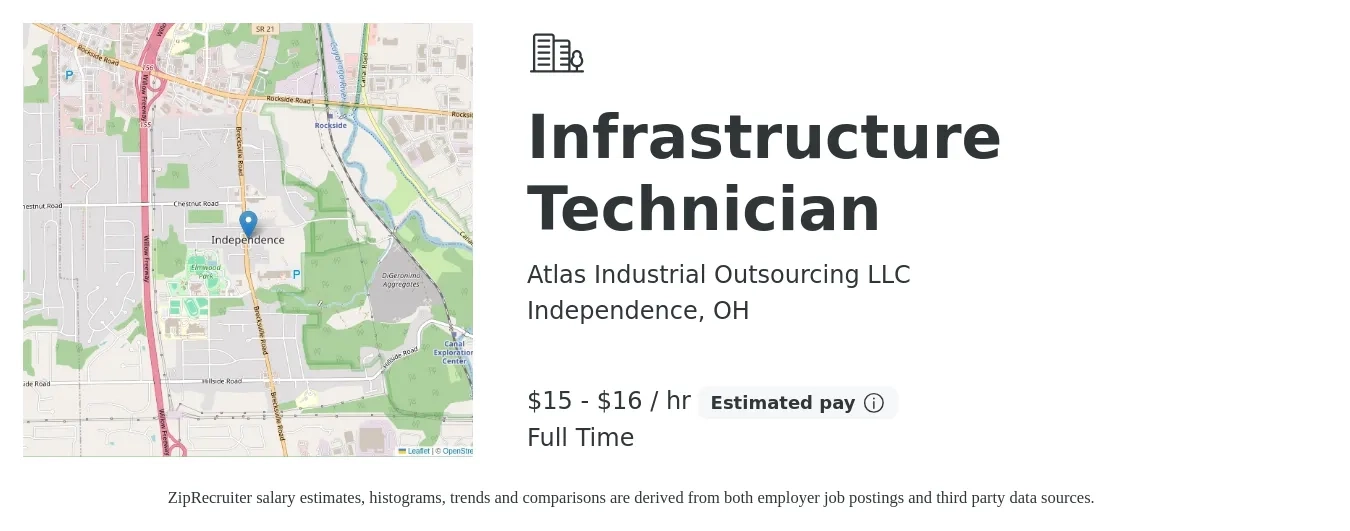 Atlas Industrial Outsourcing job posting for a Infrastructure Technician in Independence, OH with a salary of $16 to $17 Hourly with a map of Independence location.