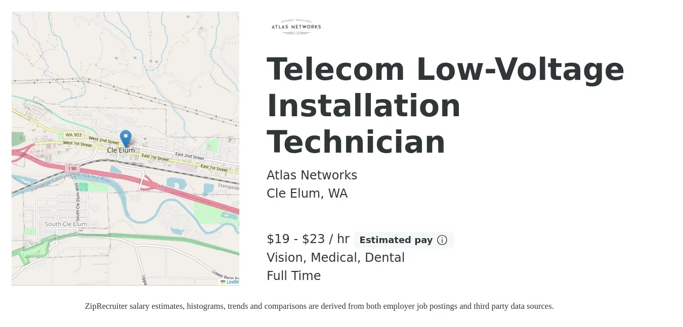 Atlas Networks job posting for a Telecom Low-Voltage Installation Technician in Cle Elum, WA with a salary of $20 to $23 Hourly and benefits including dental, medical, pto, retirement, and vision with a map of Cle Elum location.