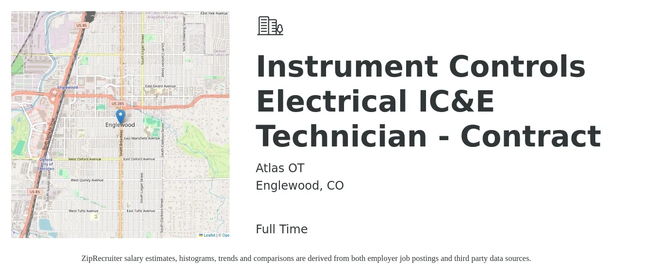 Atlas OT job posting for a Instrument Controls Electrical IC&E Technician - Contract in Englewood, CO with a salary of $30 to $39 Hourly with a map of Englewood location.