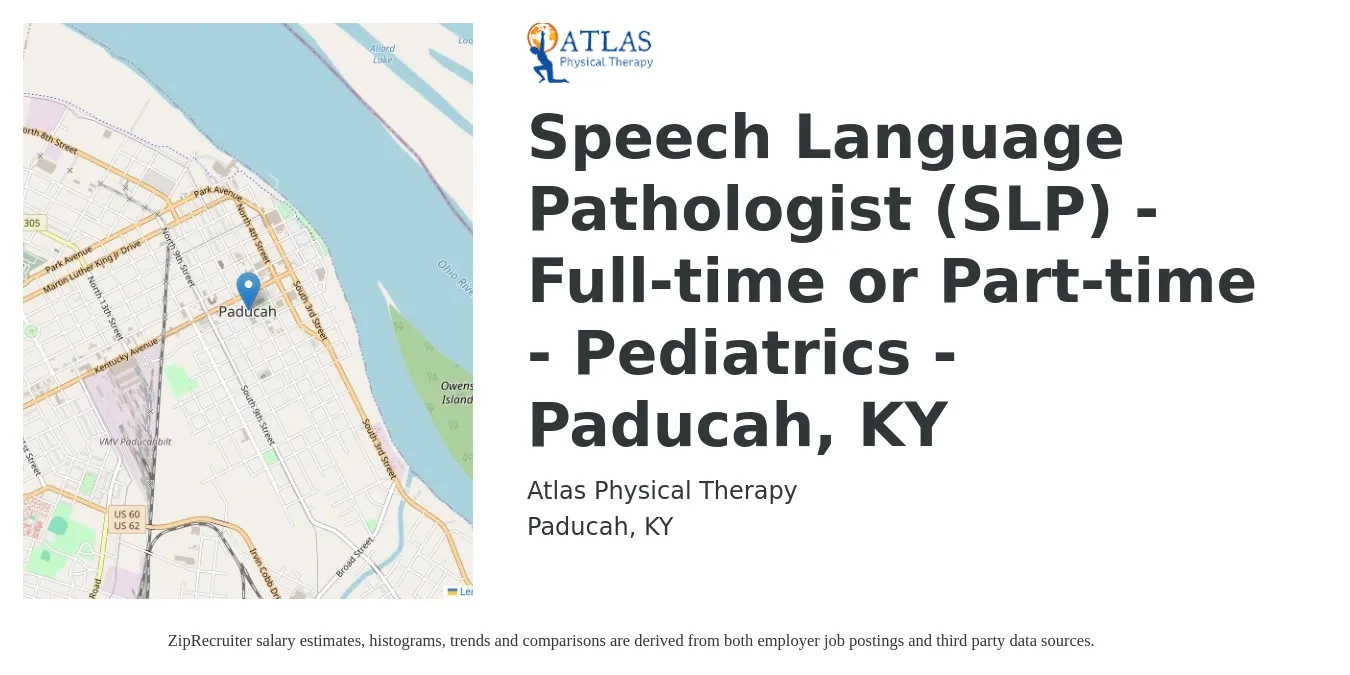 Atlas Physical Therapy job posting for a Speech Language Pathologist (SLP) - Full-time or Part-time - Pediatrics - Paducah, KY in Paducah, KY with a salary of $37 to $53 Hourly with a map of Paducah location.