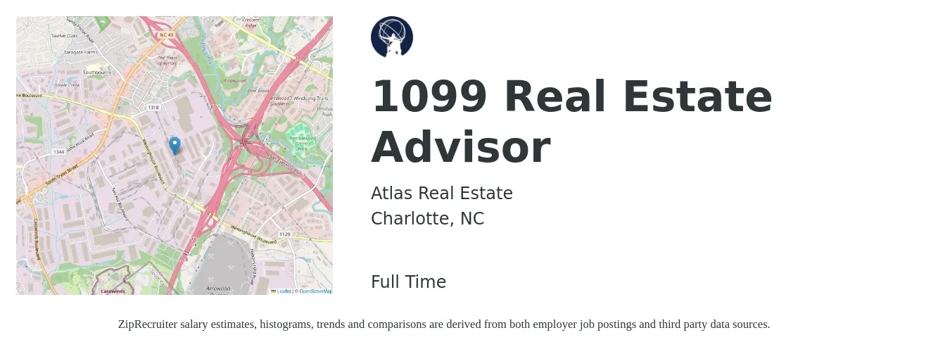 Atlas Real Estate job posting for a 1099 Real Estate Advisor in Charlotte, NC with a salary of $63,000 to $97,700 Yearly with a map of Charlotte location.