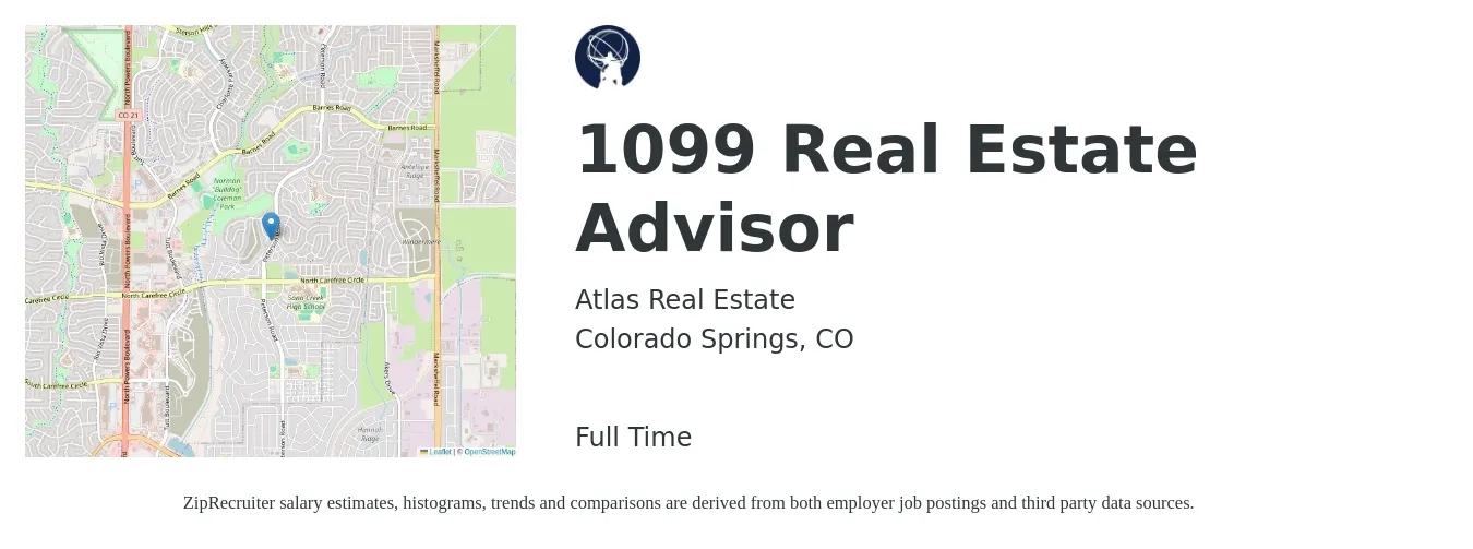 Atlas Real Estate job posting for a 1099 Real Estate Advisor in Colorado Springs, CO with a salary of $63,600 to $98,500 Yearly with a map of Colorado Springs location.