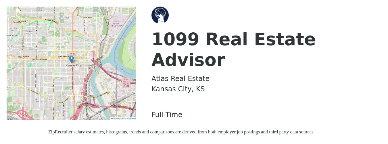 Atlas Real Estate job posting for a 1099 Real Estate Advisor in Kansas City, KS with a salary of $79,100 to $106,100 Yearly with a map of Kansas City location.