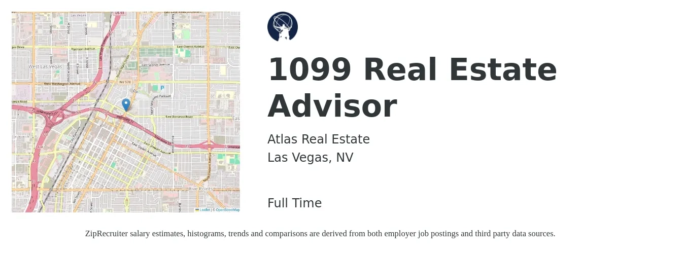 Atlas Real Estate job posting for a 1099 Real Estate Advisor in Las Vegas, NV with a salary of $61,600 to $95,500 Yearly with a map of Las Vegas location.