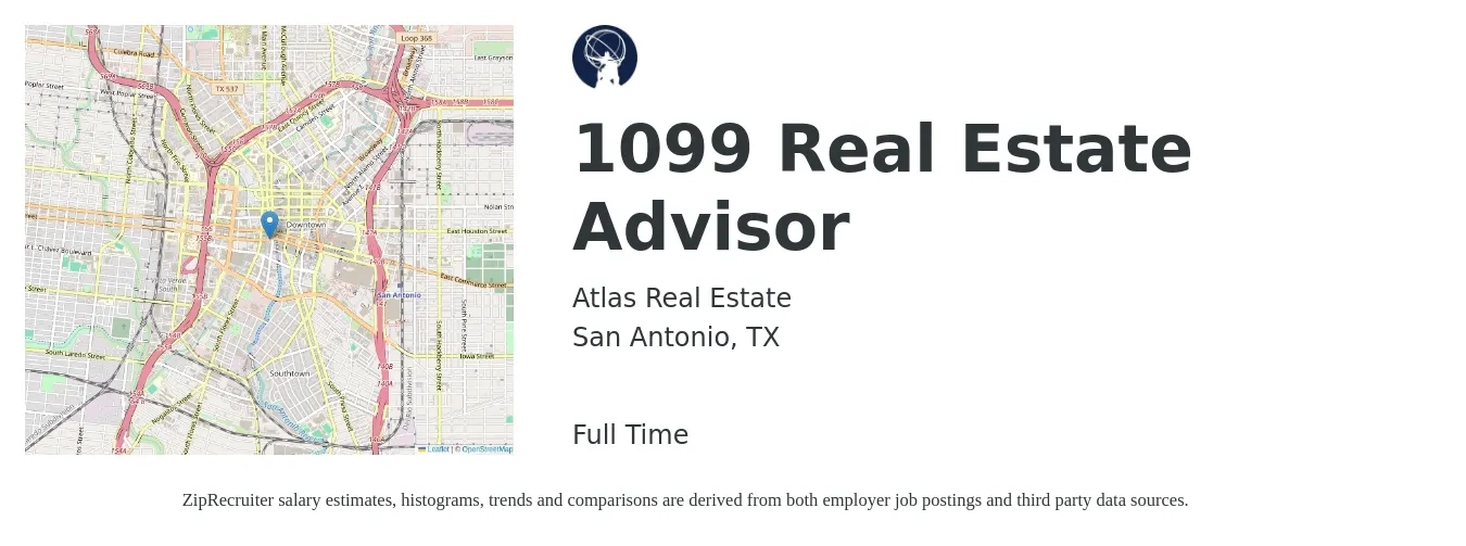 Atlas Real Estate job posting for a 1099 Real Estate Advisor in San Antonio, TX with a salary of $58,200 to $90,200 Yearly with a map of San Antonio location.