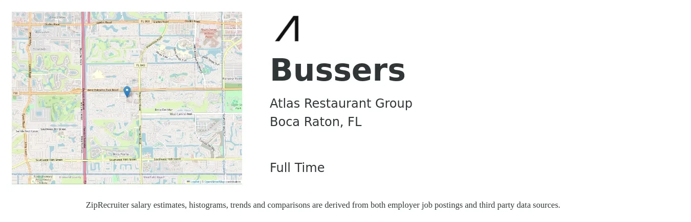 Atlas Restaurant Group job posting for a Bussers in Boca Raton, FL with a salary of $10 to $15 Hourly with a map of Boca Raton location.