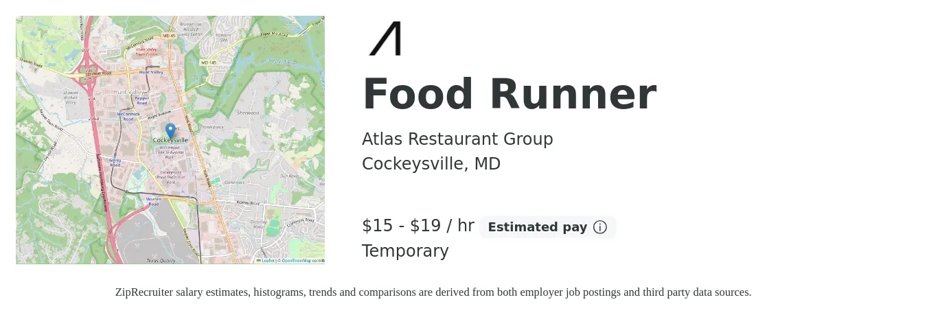 Atlas Restaurant Group job posting for a Food Runner in Cockeysville, MD with a salary of $16 to $20 Hourly with a map of Cockeysville location.