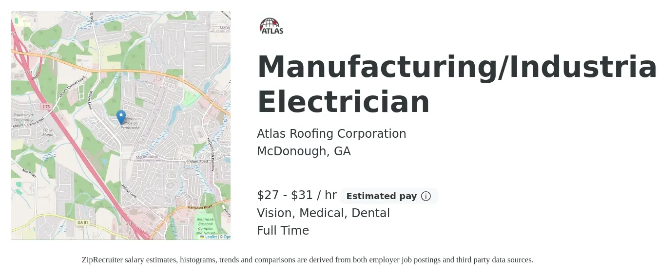 Atlas Roofing Corporation job posting for a Manufacturing/Industrial Electrician in McDonough, GA with a salary of $28 to $33 Hourly and benefits including dental, life_insurance, medical, retirement, and vision with a map of McDonough location.