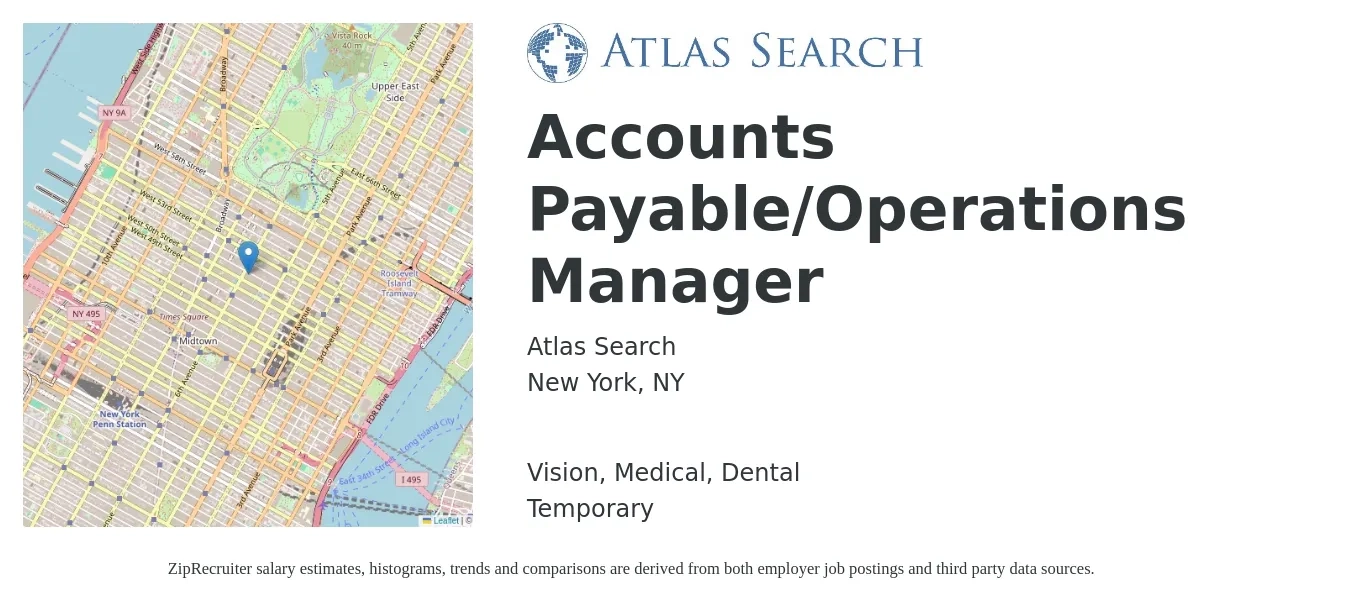 Atlas Search job posting for a Accounts Payable/Operations Manager in New York, NY with a salary of $71,700 to $98,500 Yearly and benefits including vision, dental, and medical with a map of New York location.