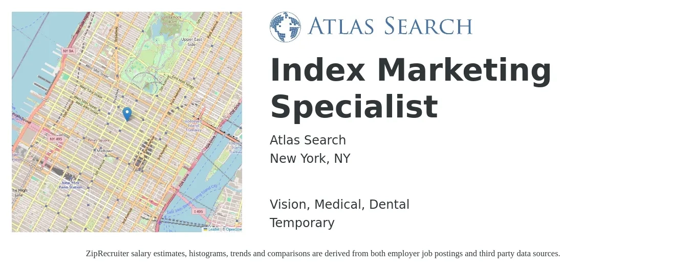 Atlas Search job posting for a Index Marketing Specialist in New York, NY with a salary of $52,000 to $76,600 Yearly and benefits including dental, medical, and vision with a map of New York location.