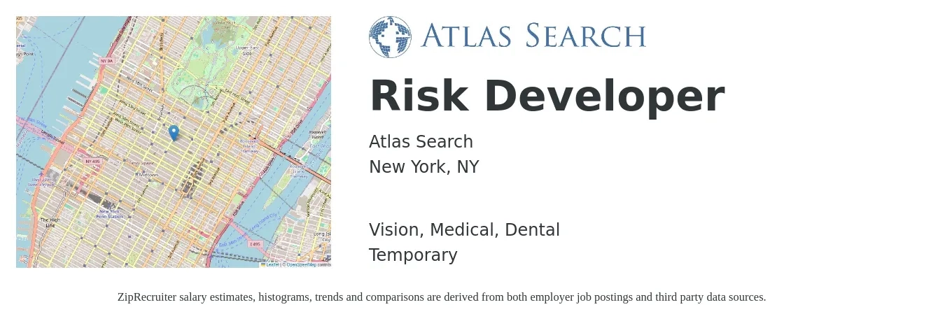 Atlas Search job posting for a Risk Developer in New York, NY with a salary of $22 to $44 Hourly and benefits including vision, dental, and medical with a map of New York location.