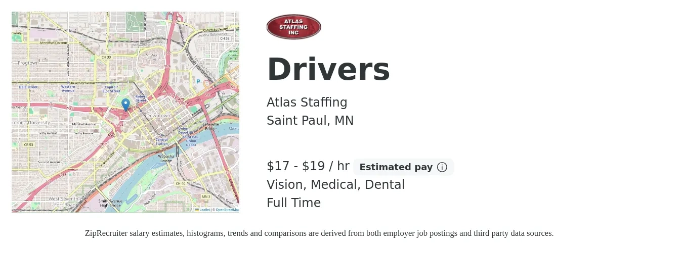 Atlas Staffing job posting for a Drivers in Saint Paul, MN with a salary of $18 to $20 Hourly and benefits including dental, life_insurance, medical, pto, and vision with a map of Saint Paul location.