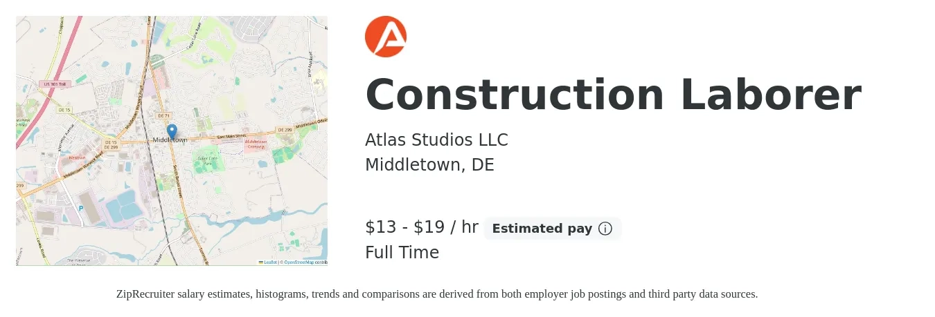 Atlas Studios LLC job posting for a Construction Laborer in Middletown, DE with a salary of $14 to $20 Hourly with a map of Middletown location.