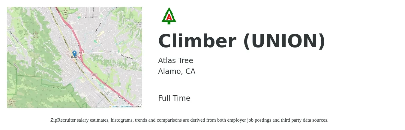 Atlas Tree job posting for a Climber (UNION) in Alamo, CA with a salary of $25 to $34 Hourly with a map of Alamo location.