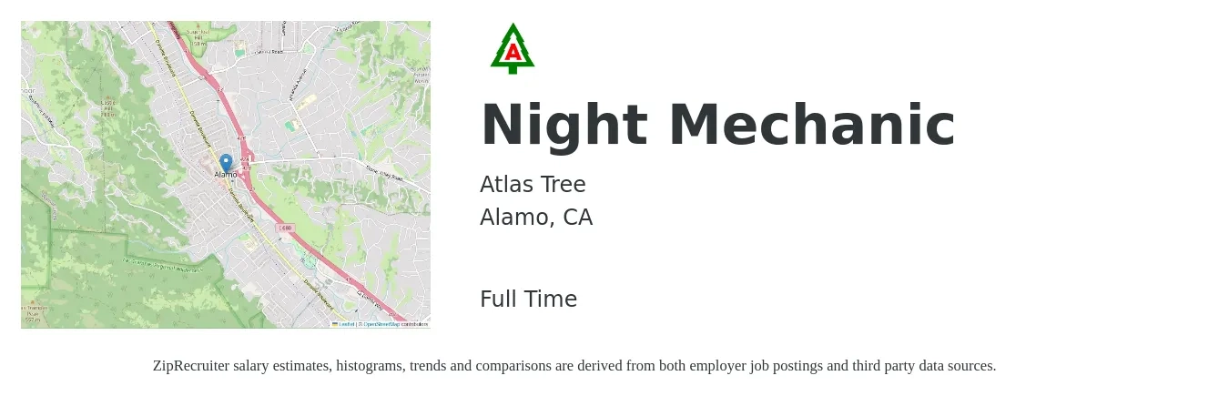 Atlas Tree job posting for a Night Mechanic in Alamo, CA with a salary of $24 to $35 Hourly with a map of Alamo location.