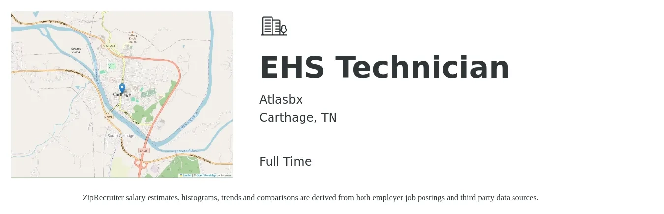 Atlasbx job posting for a EHS Technician in Carthage, TN with a salary of $19 to $28 Hourly with a map of Carthage location.