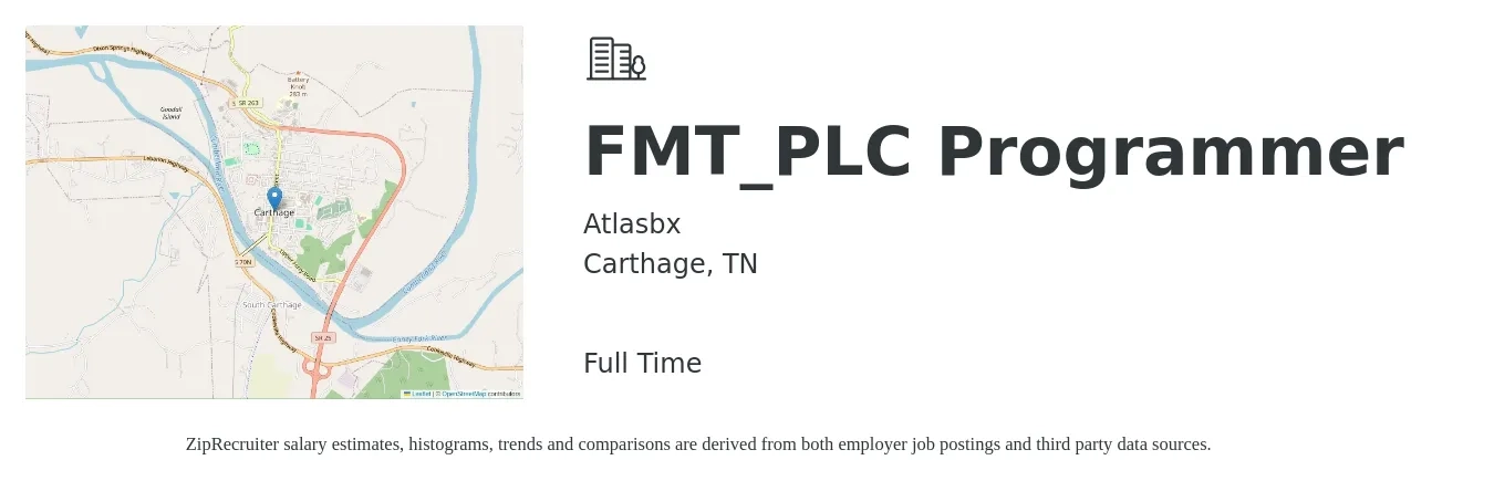 Atlasbx job posting for a FMT_PLC Programmer in Carthage, TN with a salary of $63,400 to $86,200 Yearly with a map of Carthage location.