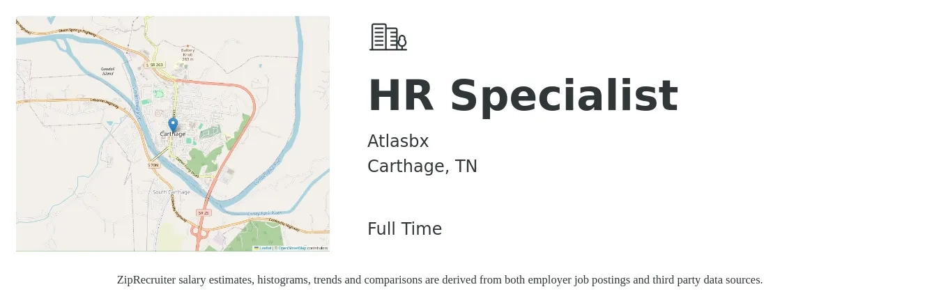 Atlasbx job posting for a HR Specialist in Carthage, TN with a salary of $43,800 to $91,800 Yearly with a map of Carthage location.