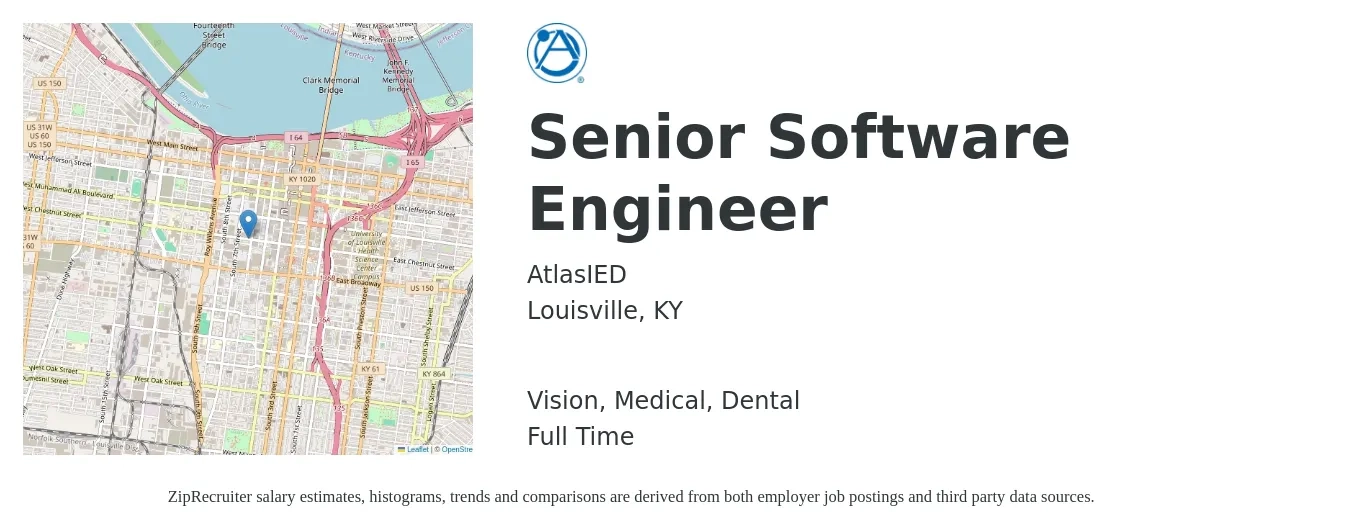 AtlasIED job posting for a Senior Software Engineer in Louisville, KY with a salary of $117,700 to $155,200 Yearly and benefits including dental, life_insurance, medical, pto, retirement, and vision with a map of Louisville location.