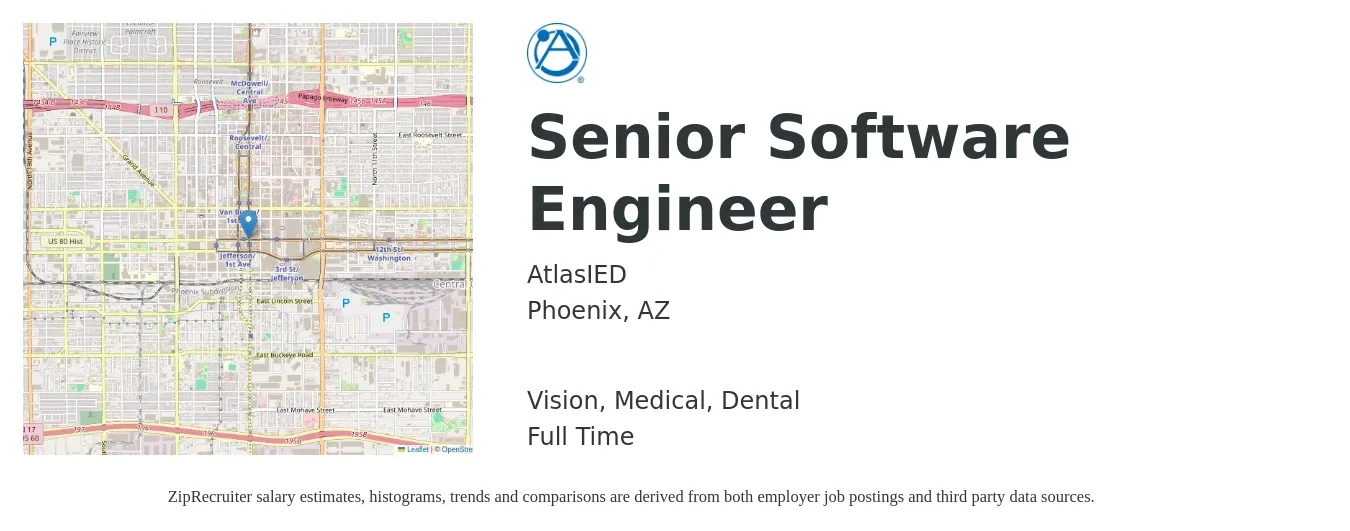 AtlasIED job posting for a Senior Software Engineer in Phoenix, AZ with a salary of $121,600 to $160,400 Yearly and benefits including medical, pto, retirement, vision, dental, and life_insurance with a map of Phoenix location.