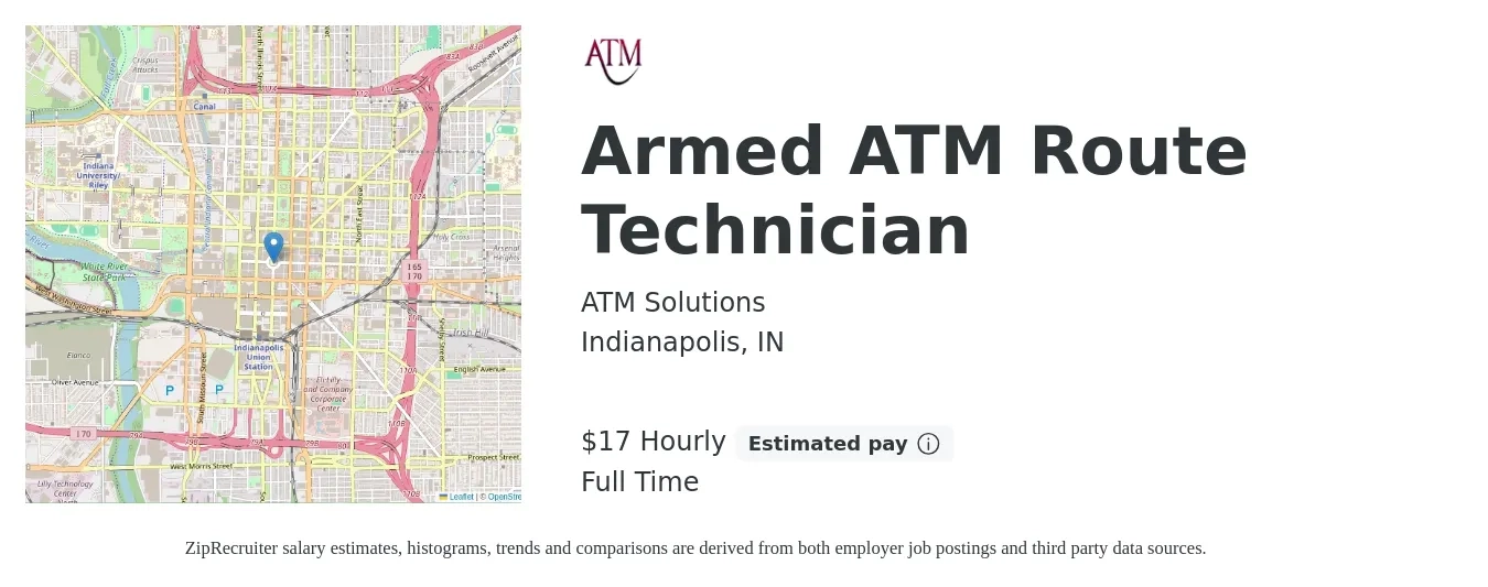 ATM Solutions job posting for a Armed ATM Route Technician in Indianapolis, IN with a salary of $22 Hourly with a map of Indianapolis location.