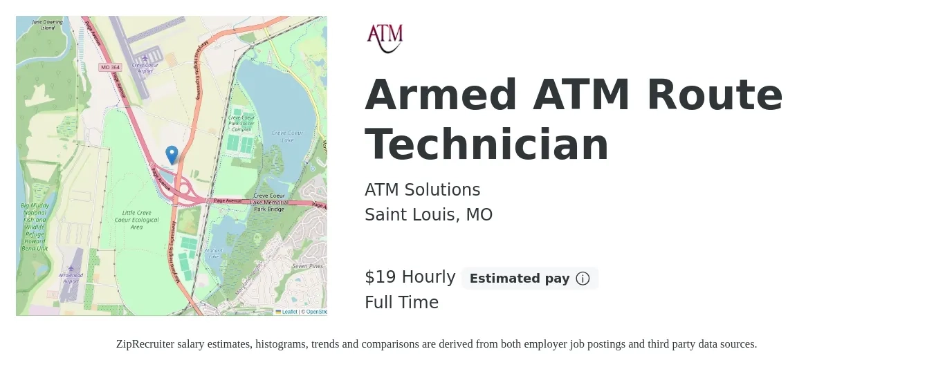 ATM Solutions job posting for a Armed ATM Route Technician in Saint Louis, MO with a salary of $20 Hourly with a map of Saint Louis location.