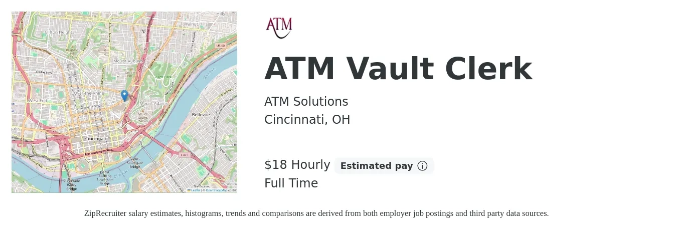 ATM Solutions job posting for a ATM Vault Clerk in Cincinnati, OH with a salary of $19 Hourly with a map of Cincinnati location.