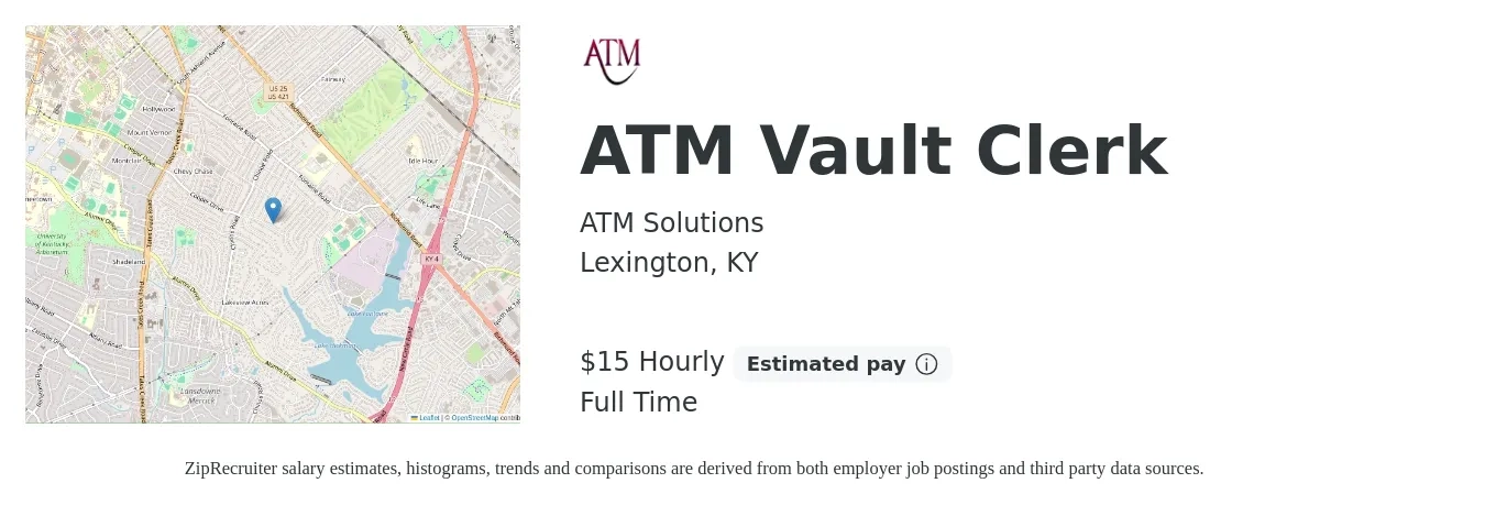 ATM Solutions job posting for a ATM Vault Clerk in Lexington, KY with a salary of $16 Hourly with a map of Lexington location.