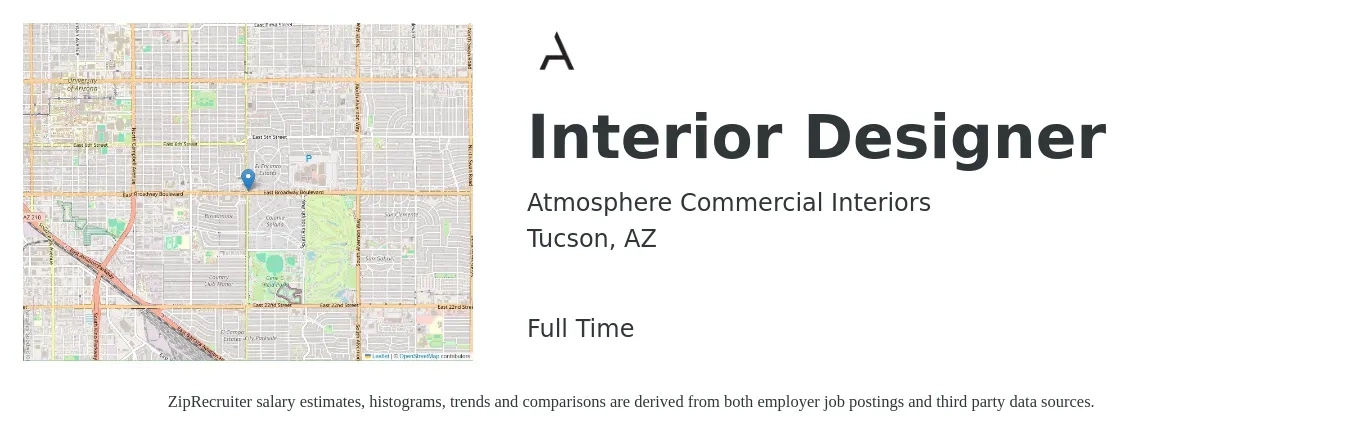 Atmosphere Commercial Interiors job posting for a Interior Designer in Tucson, AZ with a salary of $53,900 to $77,100 Yearly with a map of Tucson location.