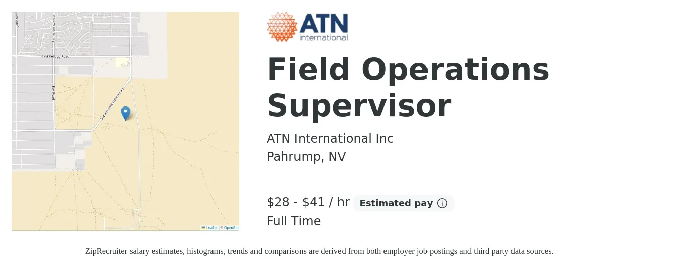 ATN International Inc job posting for a Field Operations Supervisor in Pahrump, NV with a salary of $30 to $43 Hourly with a map of Pahrump location.