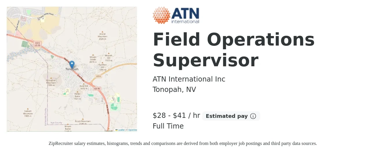 ATN International Inc job posting for a Field Operations Supervisor in Tonopah, NV with a salary of $30 to $43 Hourly with a map of Tonopah location.