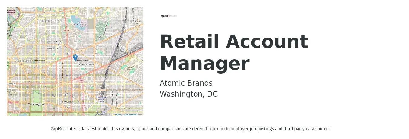 Atomic Brands job posting for a Retail Account Manager in Washington, DC with a salary of $58,300 to $80,400 Yearly with a map of Washington location.