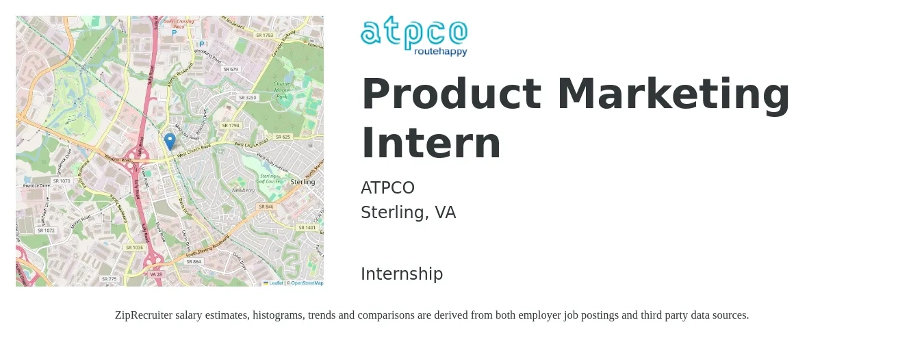ATPCO job posting for a Product Marketing Intern in Sterling, VA with a salary of $20 to $23 Hourly with a map of Sterling location.