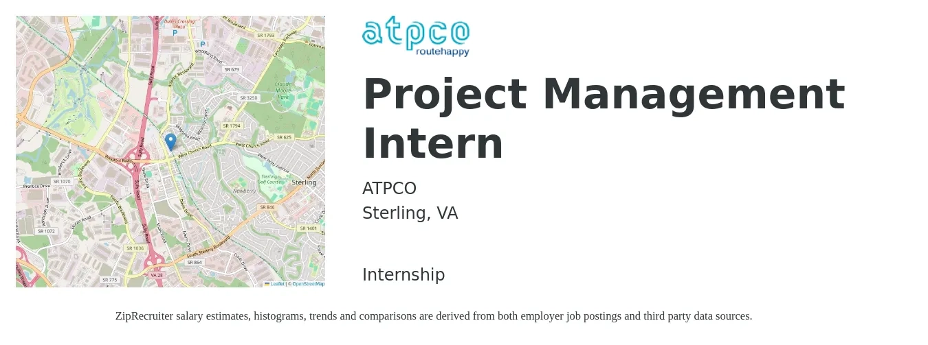 ATPCO job posting for a Project Management Intern in Sterling, VA with a salary of $30,300 to $35,300 Yearly with a map of Sterling location.