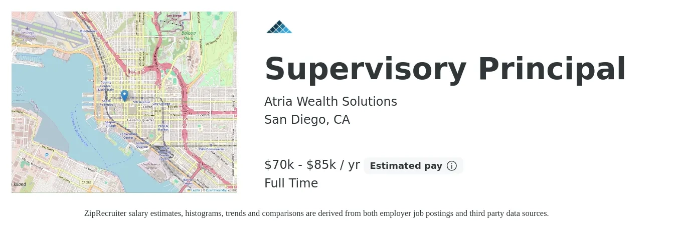 Atria Wealth Solutions job posting for a Supervisory Principal in San Diego, CA with a salary of $70,000 to $85,000 Yearly with a map of San Diego location.