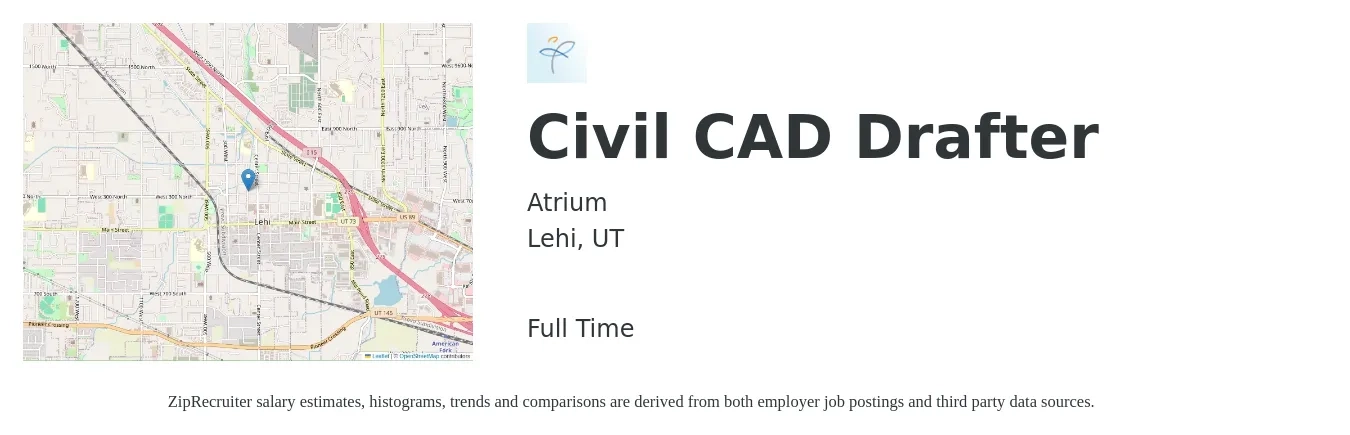 Atrium job posting for a Civil CAD Drafter in Lehi, UT with a salary of $21 to $28 Hourly with a map of Lehi location.