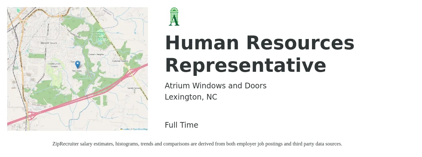 Atrium Windows and Doors job posting for a Human Resources Representative in Lexington, NC with a salary of $19 to $29 Hourly with a map of Lexington location.