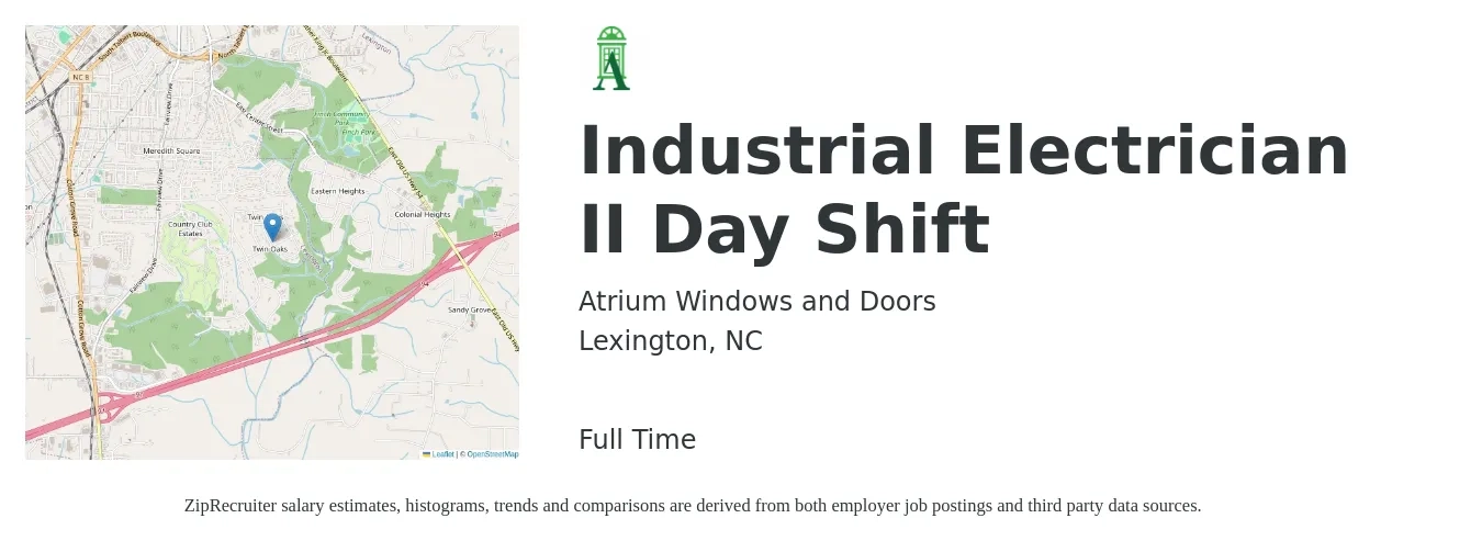Atrium Windows and Doors job posting for a Industrial Electrician II Day Shift in Lexington, NC with a salary of $30 to $36 Hourly with a map of Lexington location.