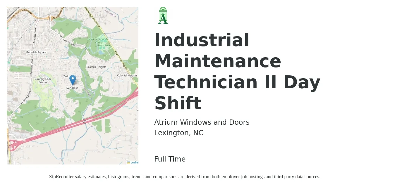 Atrium Windows and Doors job posting for a Industrial Maintenance Technician II Day Shift in Lexington, NC with a salary of $30 to $36 Hourly with a map of Lexington location.