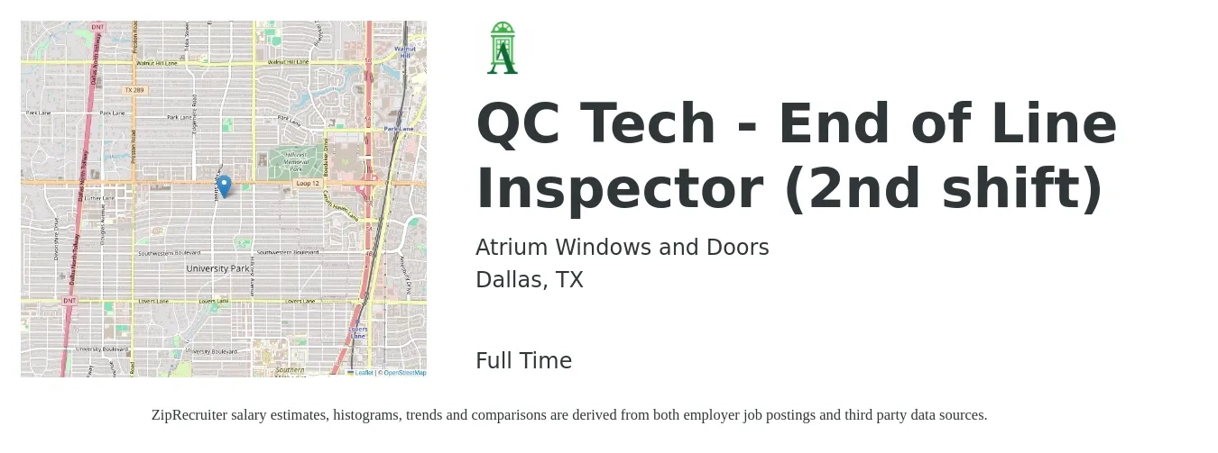 Atrium Windows and Doors job posting for a QC Tech - End of Line Inspector (2nd shift) in Dallas, TX with a salary of $18 to $25 Hourly with a map of Dallas location.